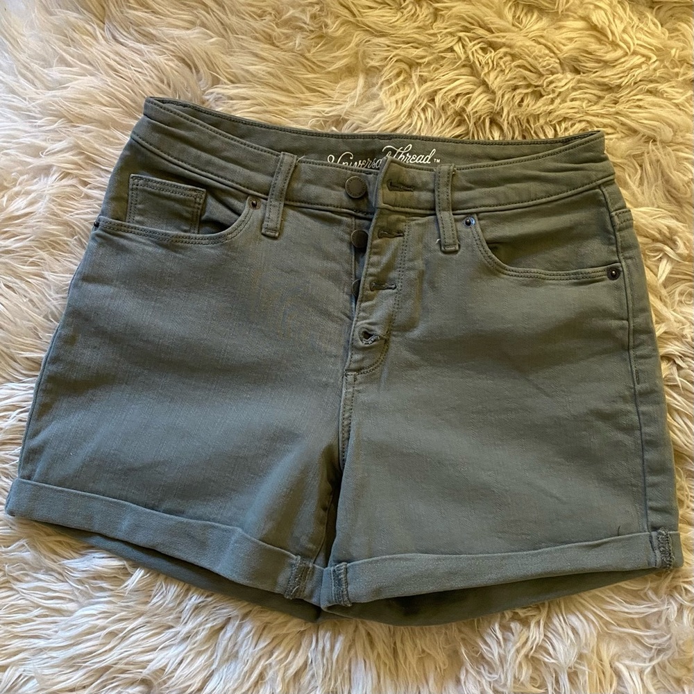 Universal Thread High Rise Midi Rolled Hem Stretch Olive Green Denim Shorts